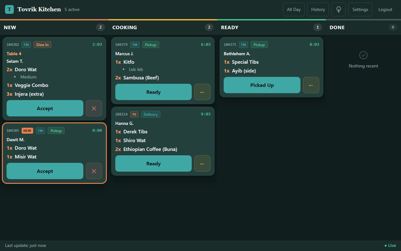 The Tovrik Kitchen ticket board running on a tablet