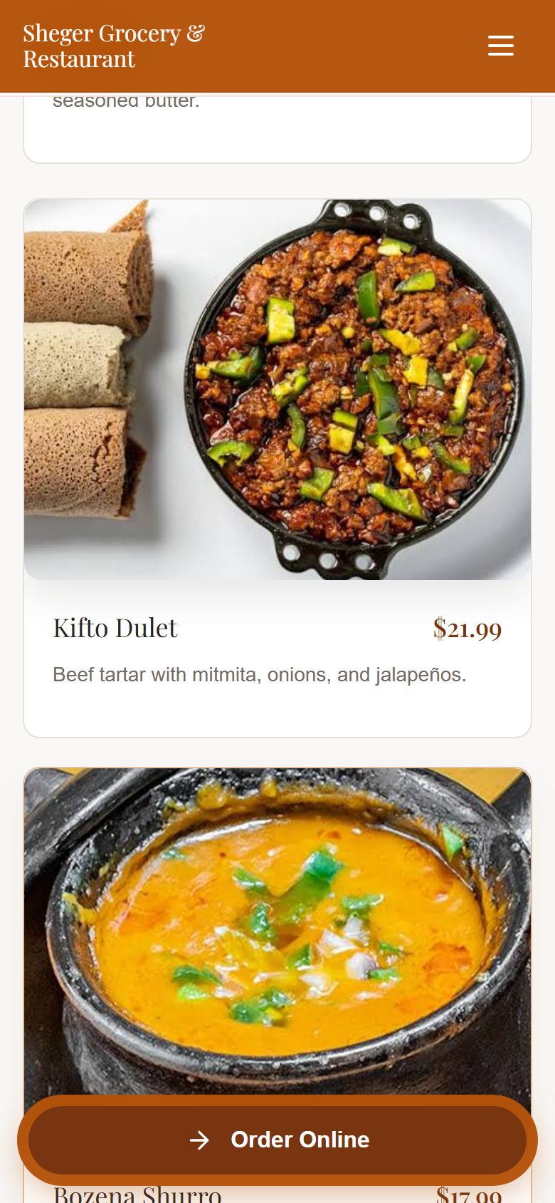 A real Tovrik customer's online ordering page on a phone